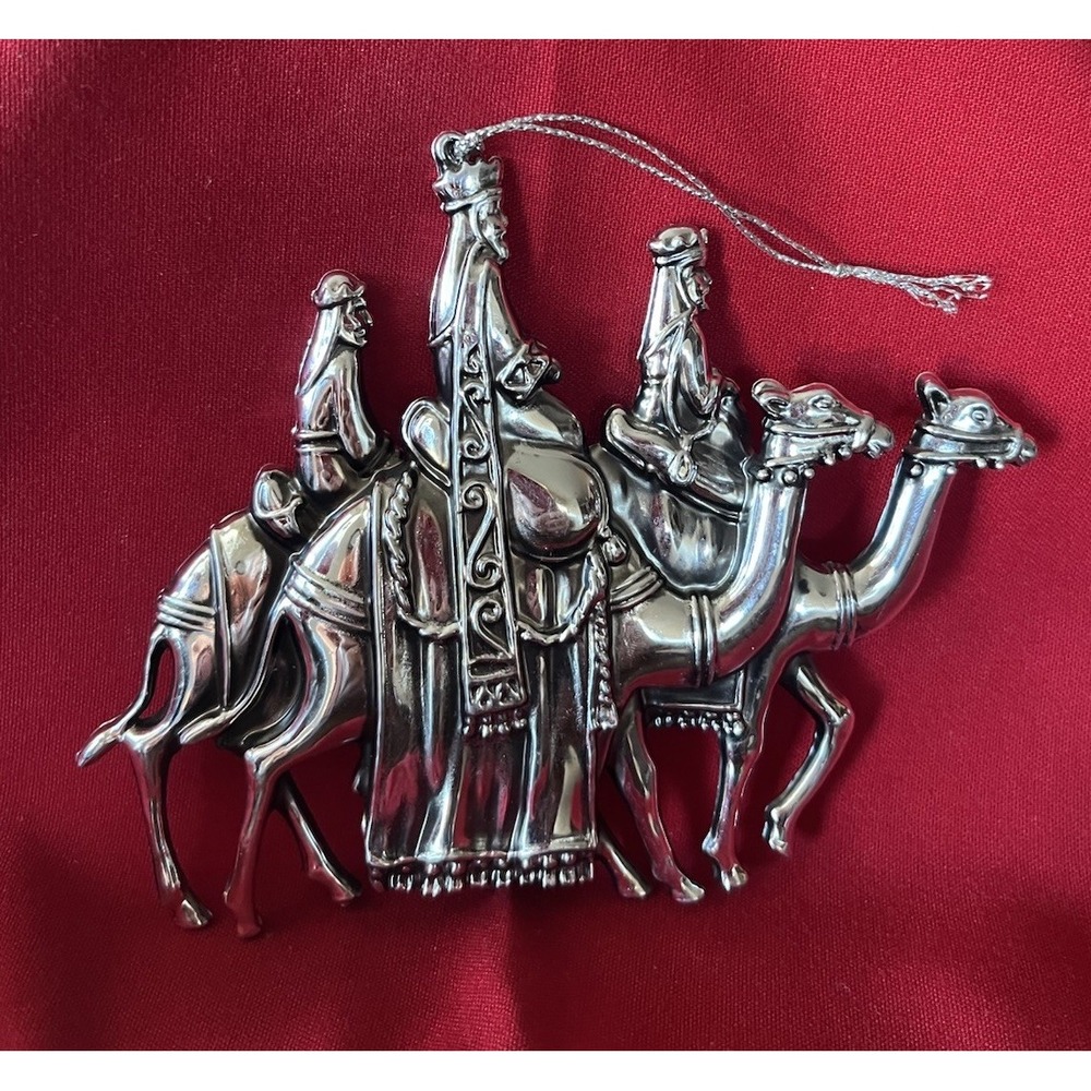 Vintage Silver-Tone Plastic Three Wise Men Camel Medieval Nativity Ornament 6.5"